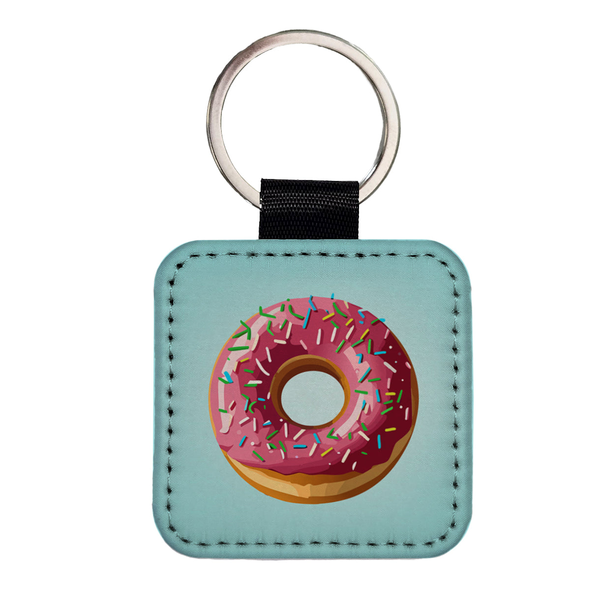 Donut Pink Sprinkles Square Faux Leather Keychain