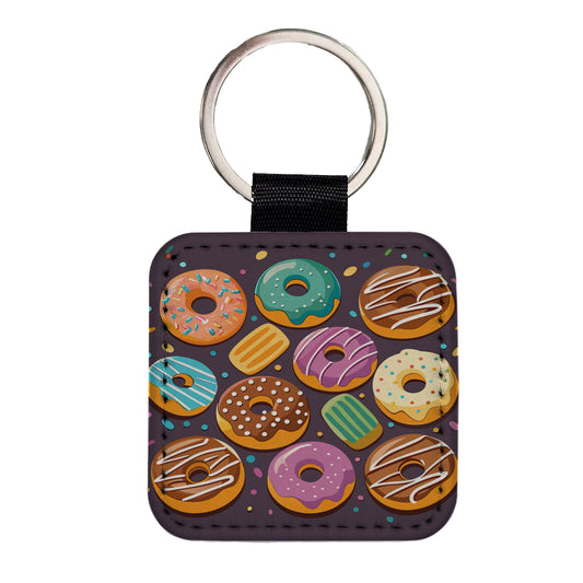 Donuts Scattered Square Faux Leather Keychain