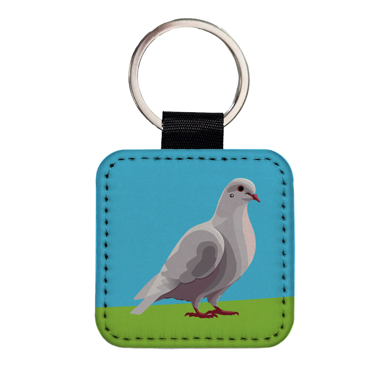 Dove Standing White Square Faux Leather Keychain