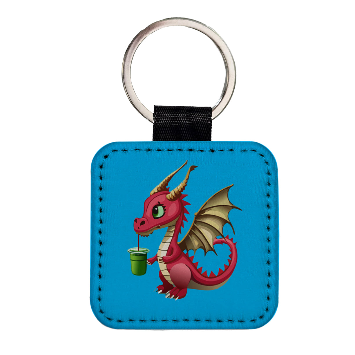 Dragon Drinking Boba Tea Funny Square Faux Leather Keychain