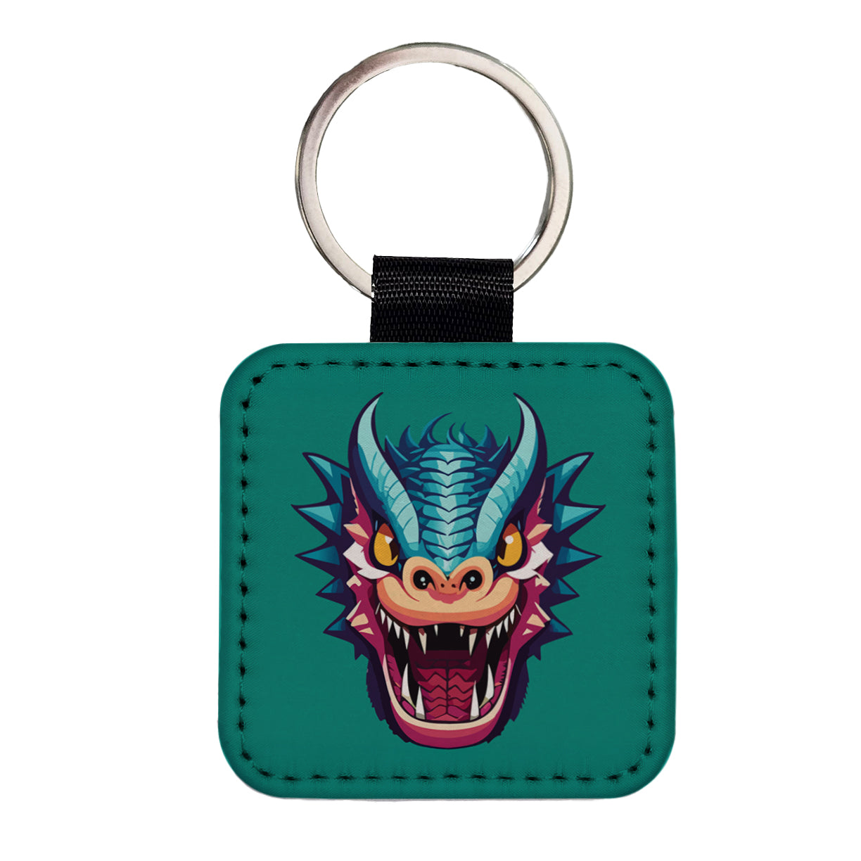 Dragon Face Angry Blue Square Faux Leather Keychain