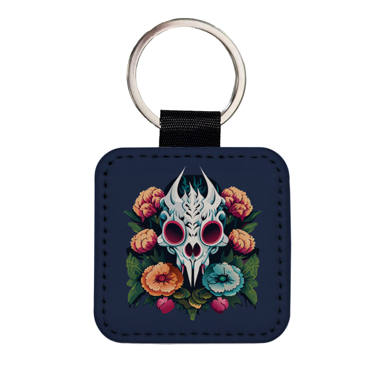 Dragon Skull and Flowers Square Faux Leather Keychain