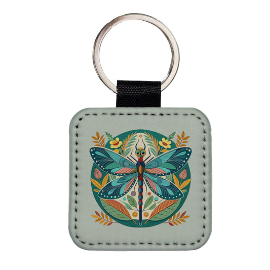 Dragonfly Floral Flowers Square Faux Leather Keychain
