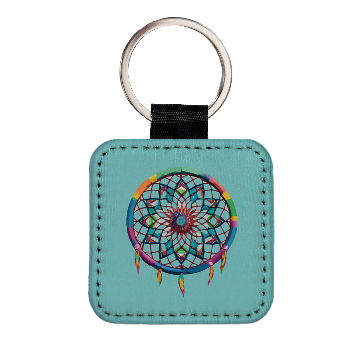 Dream Catcher Colorful Feathers Square Faux Leather Keychain