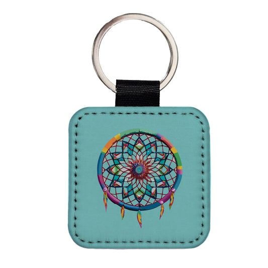Dream Catcher Colorful Feathers Square Faux Leather Keychain