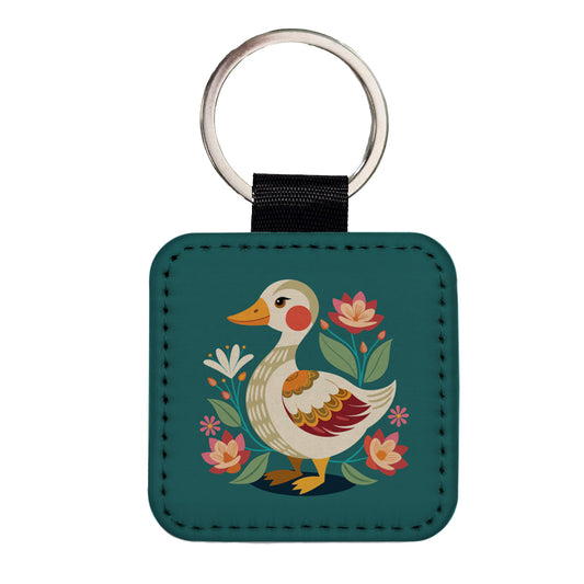 Duck Floral Flowers Square Faux Leather Keychain