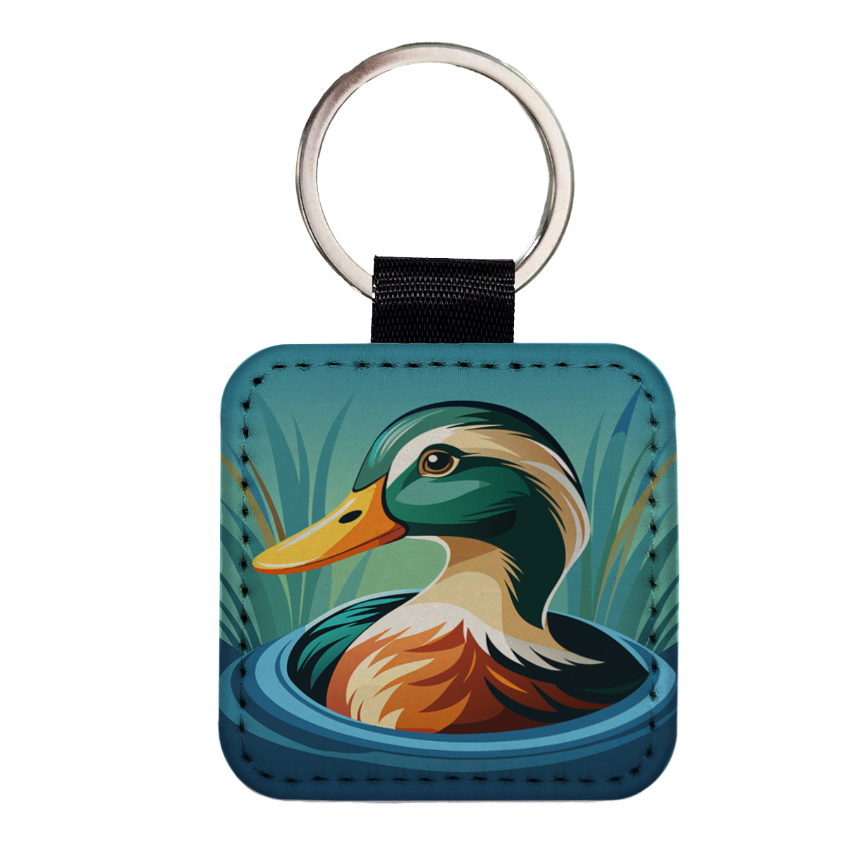 Duck in Water Elegant Square Faux Leather Keychain