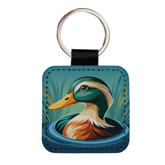 Duck in Water Elegant Square Faux Leather Keychain