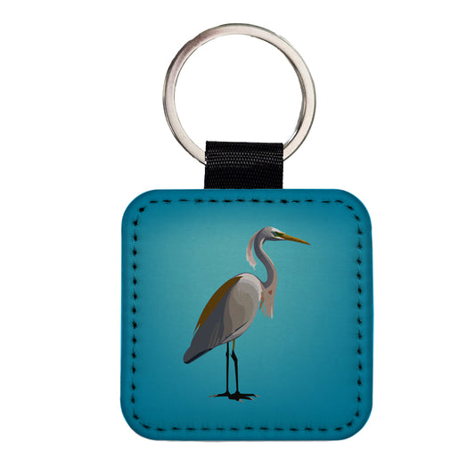Egret Heron Bird Profile Square Faux Leather Keychain