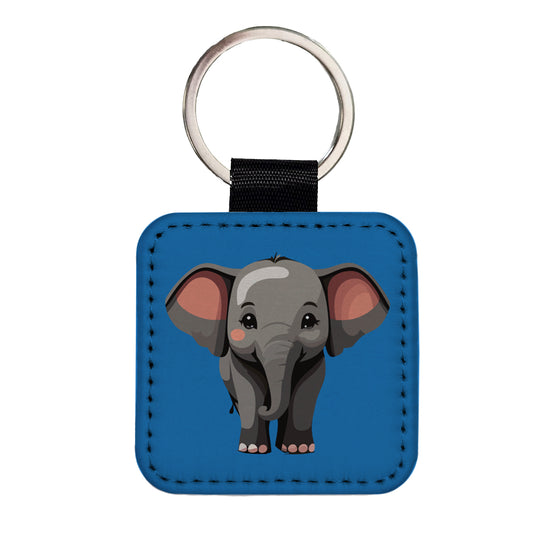 Elephant Cute Standing Square Faux Leather Keychain