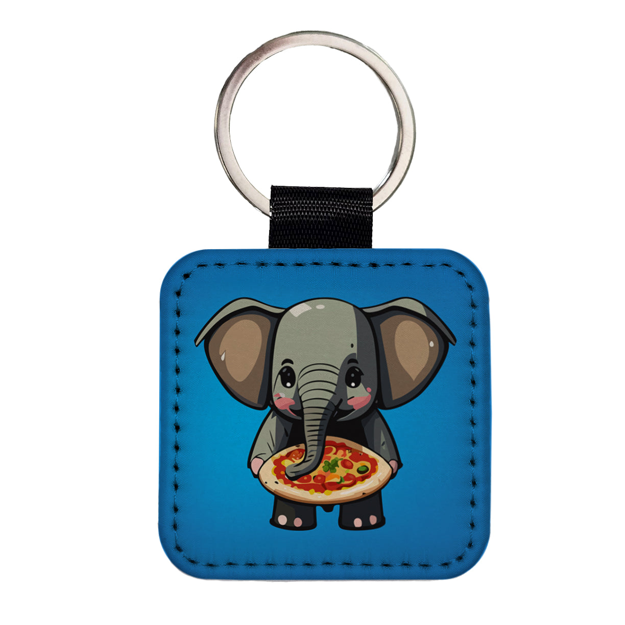 Elephant Eating Pizza Funny Square Faux Leather Keychain