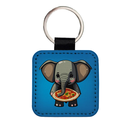 Elephant Eating Pizza Funny Square Faux Leather Keychain