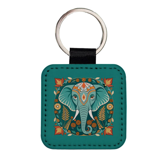 Elephant Floral Art Nouveau Flowers Elegant Square Faux Leather Keychain