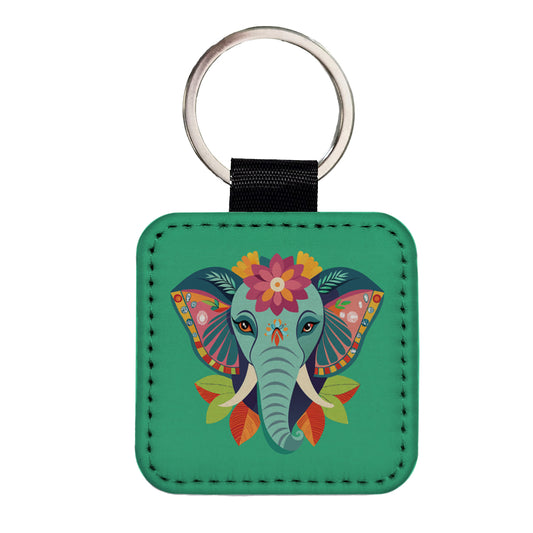 Elephant Head Floral Flowers Square Faux Leather Keychain
