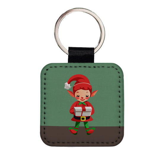Elf Christmas Opening Present Square Faux Leather Keychain