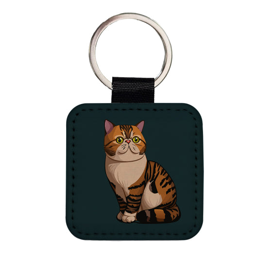 Exotic Shorthair Cat Sitting Square Faux Leather Keychain
