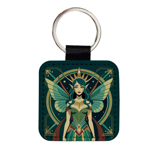 Fairy Nymph Art Deco Square Faux Leather Keychain