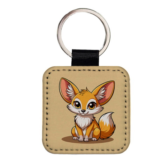 Fennec Fox Cute Square Faux Leather Keychain