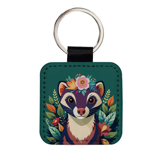 Ferret Head Floral Flowers Square Faux Leather Keychain