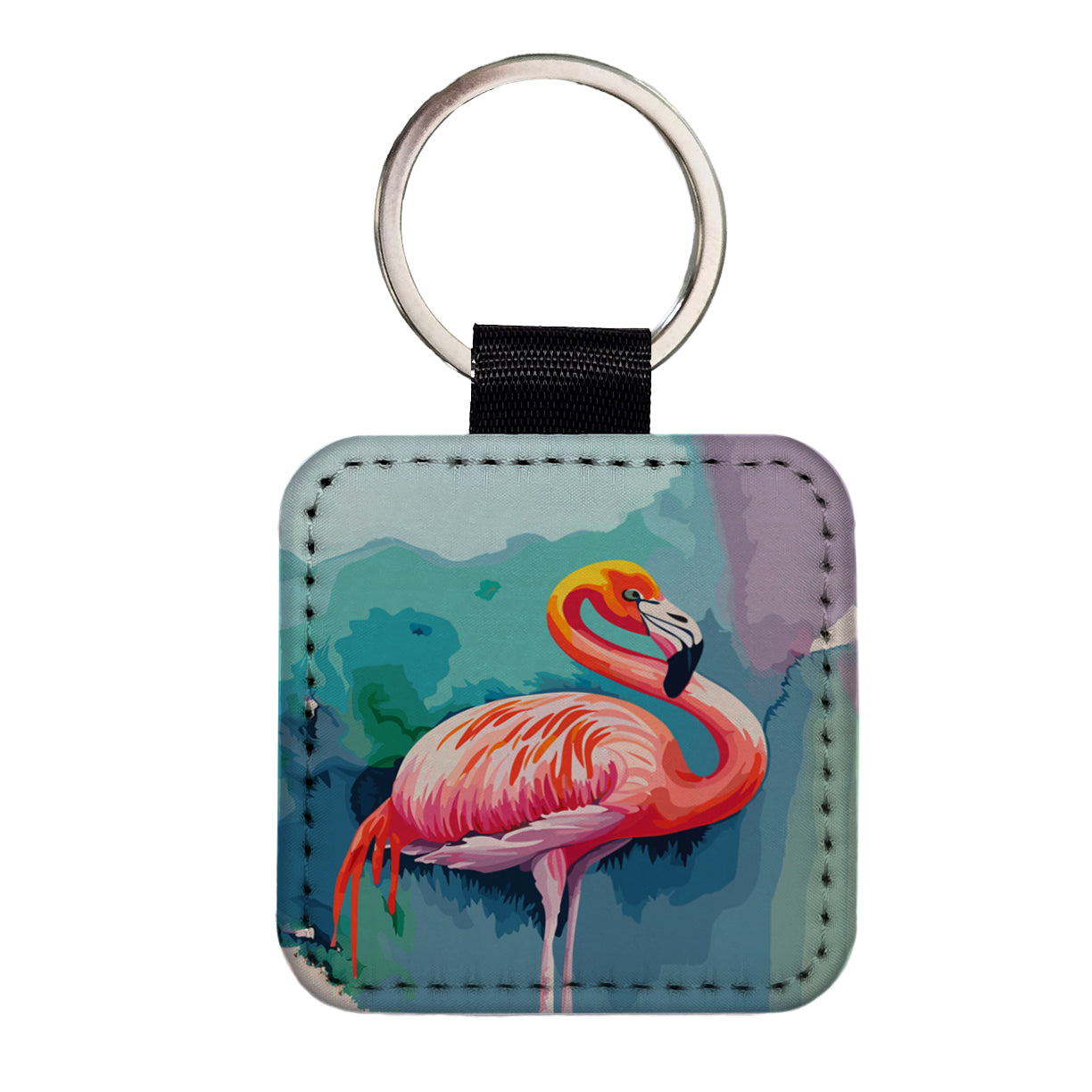 Flamingo Colorful Square Faux Leather Keychain