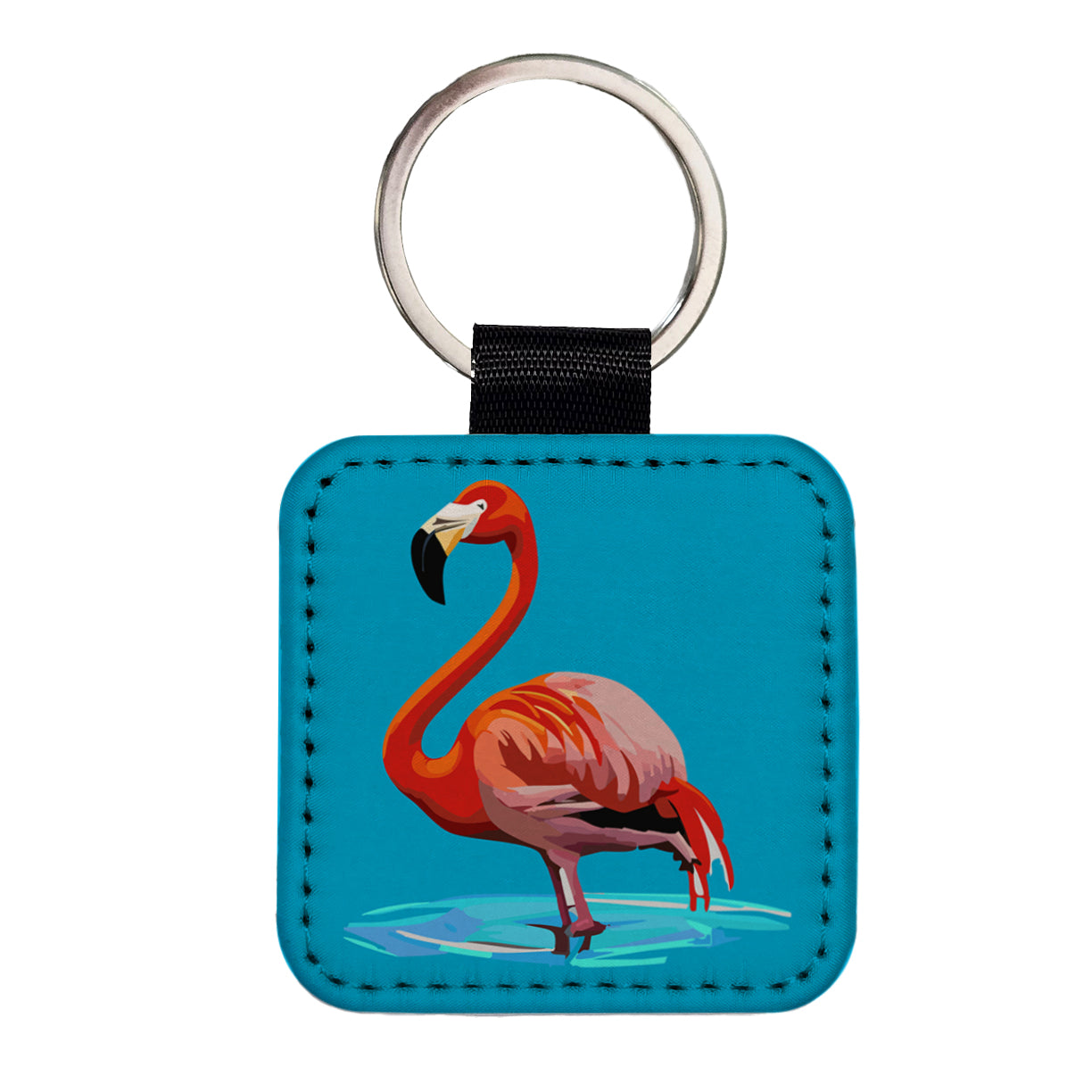 Flamingo Standing in Water Square Faux Leather Keychain