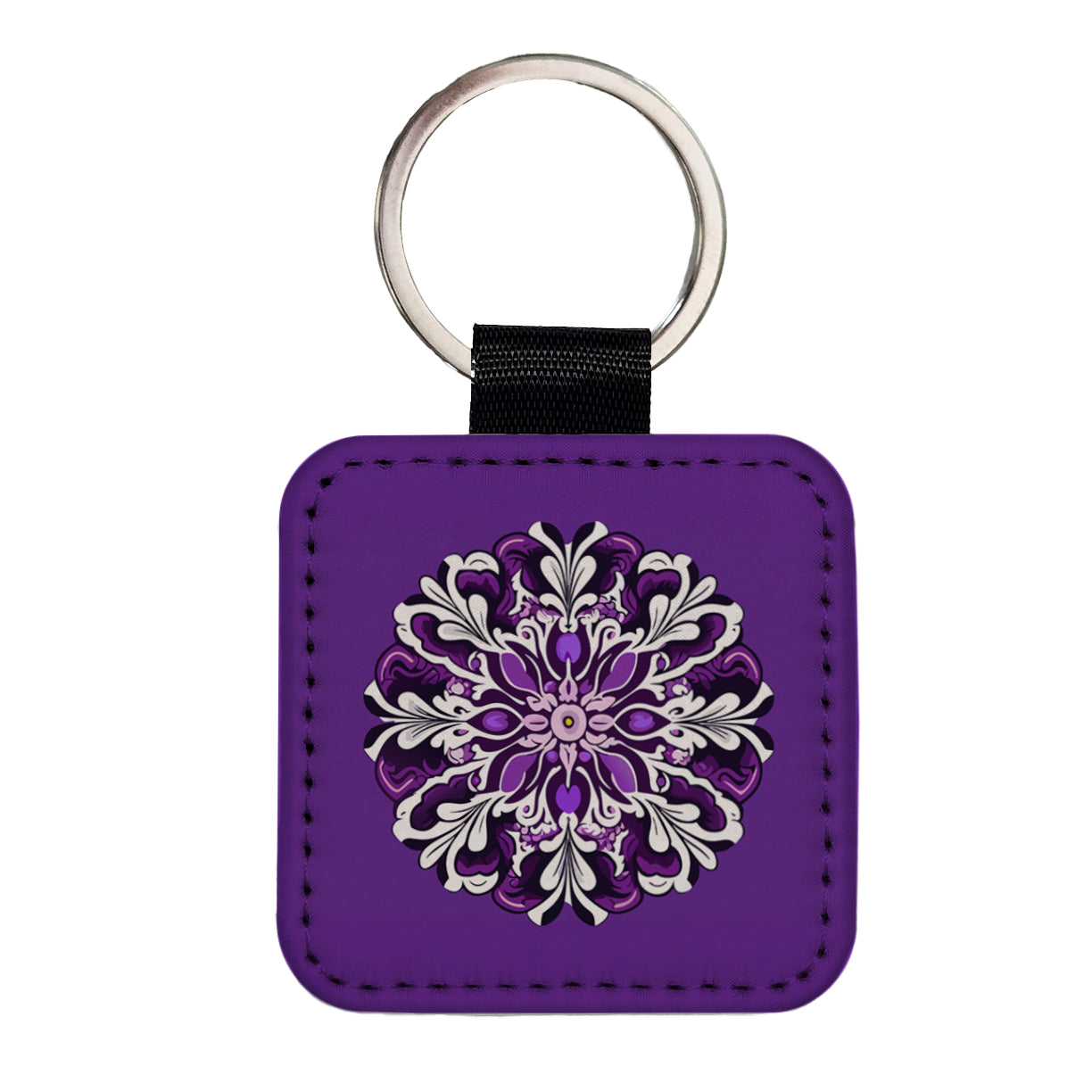Floral Motif Mandala Purple Beautiful Square Faux Leather Keychain