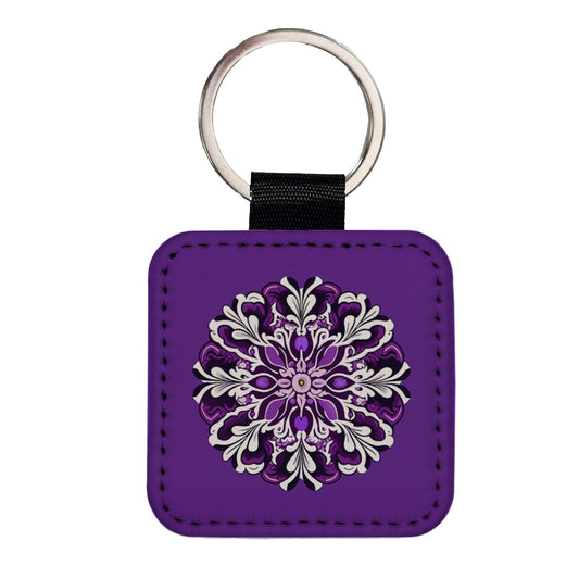 Floral Motif Mandala Purple Beautiful Square Faux Leather Keychain