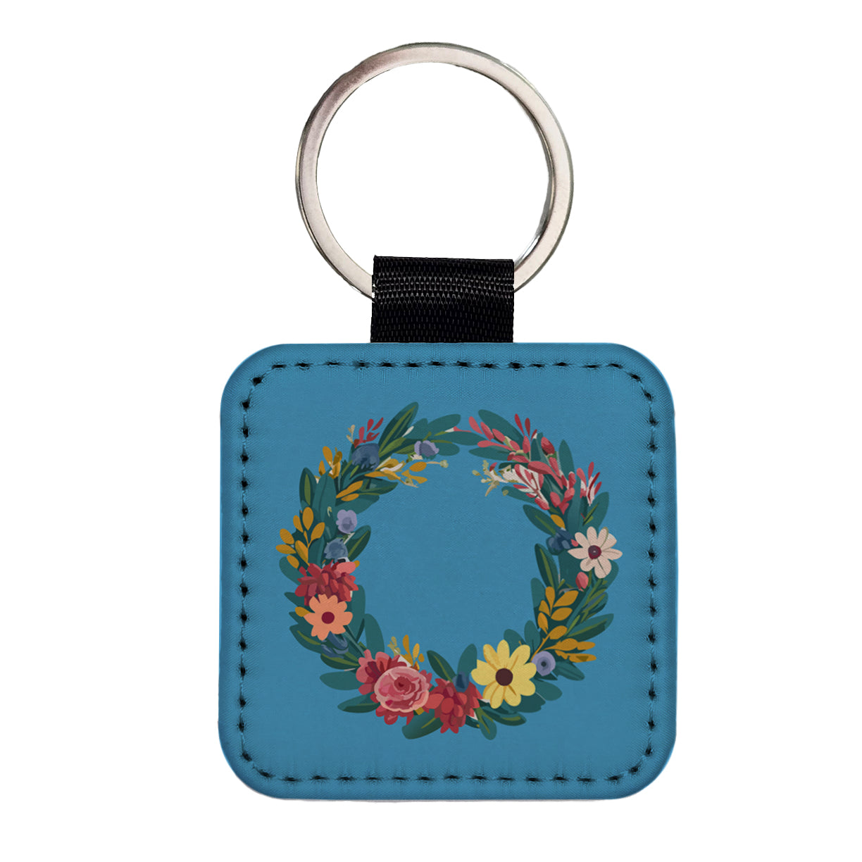 Floral Wreath Border Spring Square Faux Leather Keychain