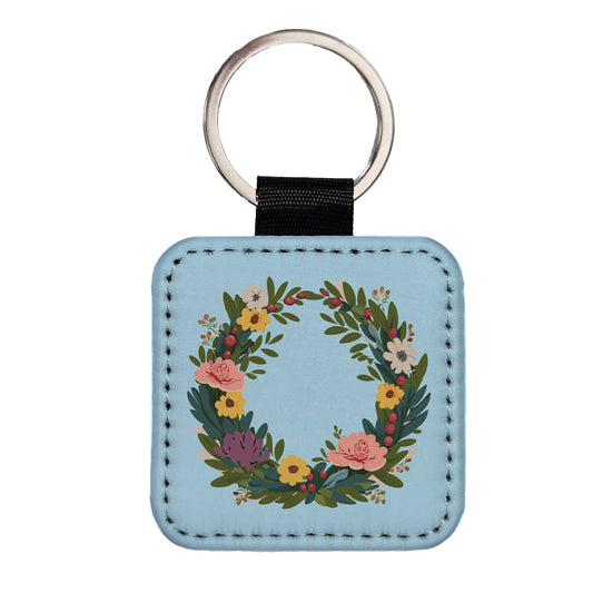 Floral Wreath Flowers Spring Wedding Square Faux Leather Keychain