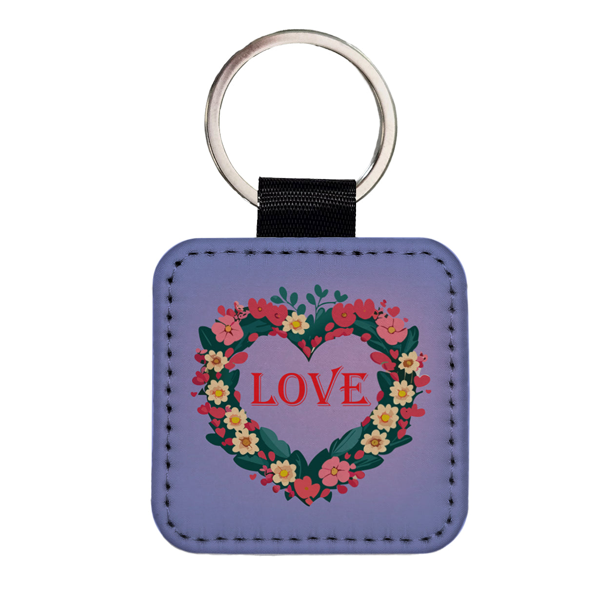 Flower Heart Love Wreath Floral Wedding Beautiful Square Faux Leather Keychain