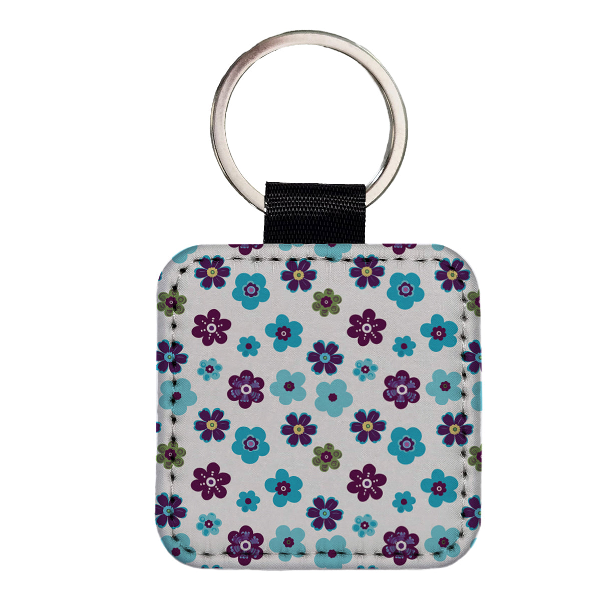 Flowers Blue Purple Cute Pattern Square Faux Leather Keychain