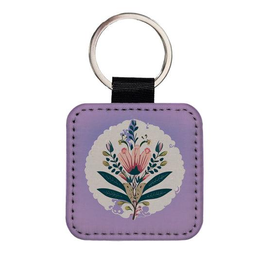Flowers Floral Motif Bohemian Elegant Wedding Square Faux Leather Keychain
