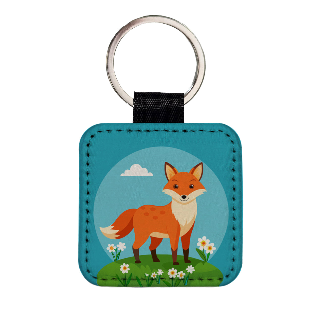 Fox in Meadow Square Faux Leather Keychain