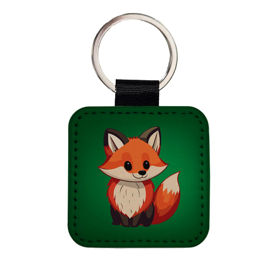 Fox Standing Square Faux Leather Keychain