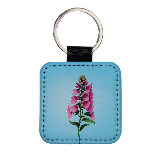 Foxglove Flowers Watercolor Square Faux Leather Keychain