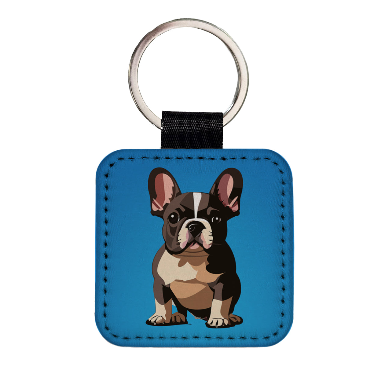 French Bulldog Dog Sitting Square Faux Leather Keychain