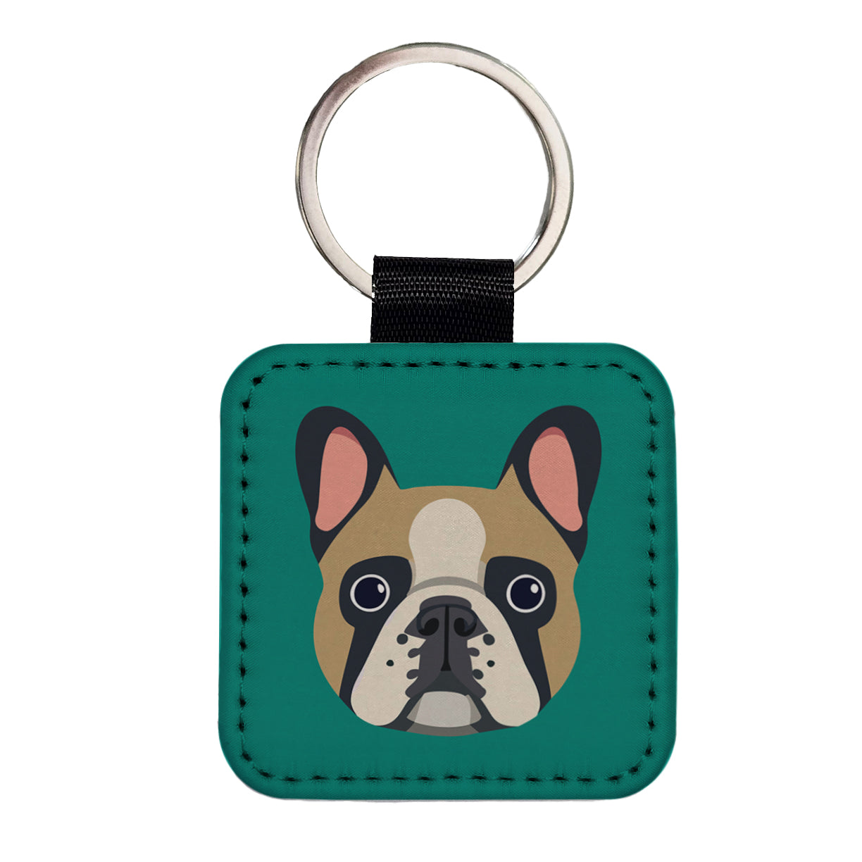 French Bulldog Face Square Faux Leather Keychain