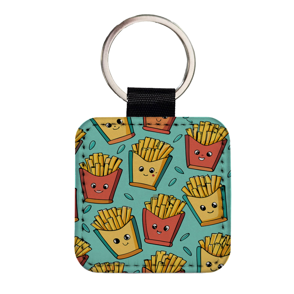 French Fries Cute Pattern Square Faux Leather Keychain