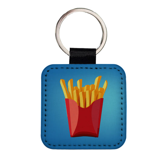 French Fries Red Container Square Faux Leather Keychain