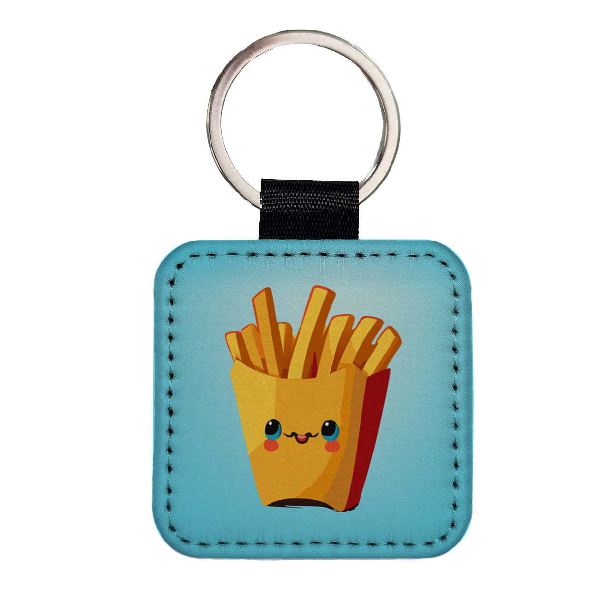 French Fries Smiling Square Faux Leather Keychain