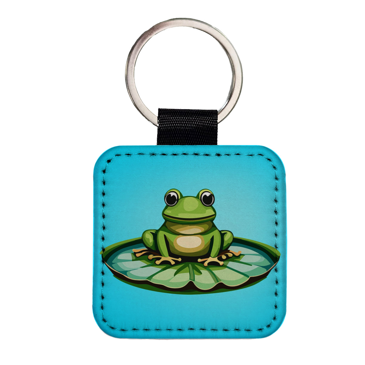 Frog on LiIy Pad Square Faux Leather Keychain