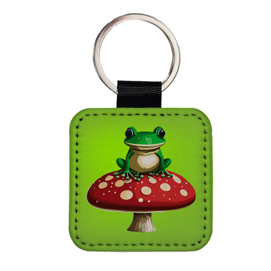 Frog on Red Toadstool Mushroom Square Faux Leather Keychain