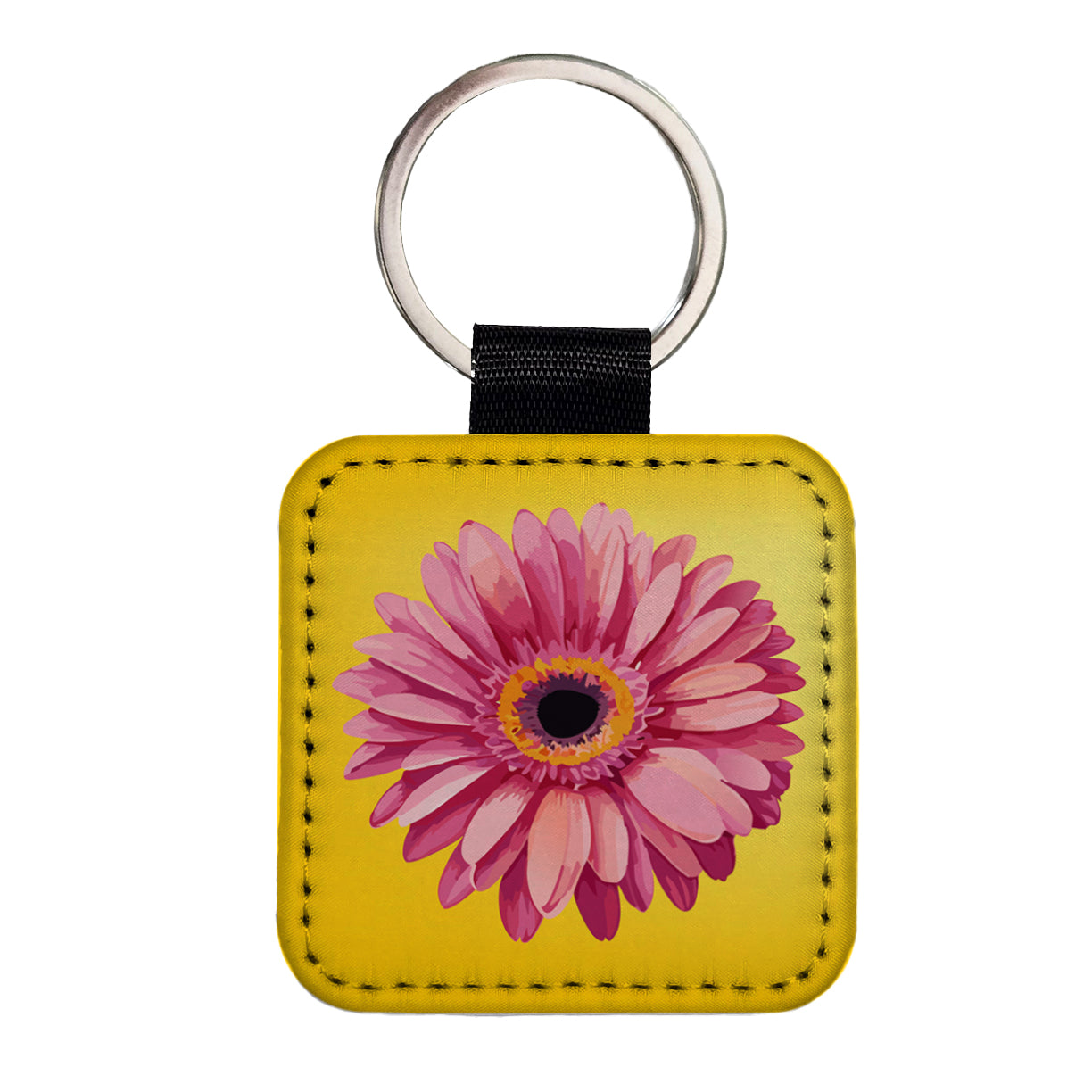 Gerbera Daisy Flower Pink Square Faux Leather Keychain