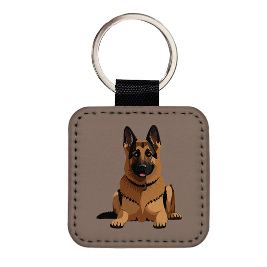 German Shepherd Dog Square Faux Leather Keychain
