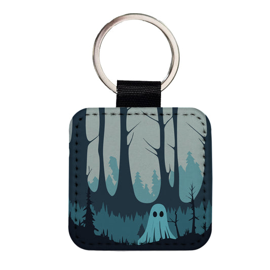Ghost in Forest Woodland Cute Spooky Square Faux Leather Keychain