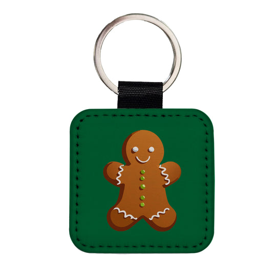 Gingerbread Man Cookie Cute Christmas Square Faux Leather Keychain
