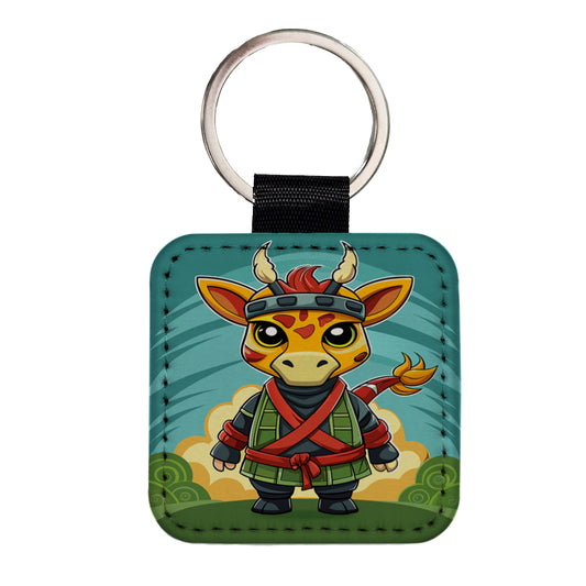 Giraffe Ninja Fighter Funny Square Faux Leather Keychain