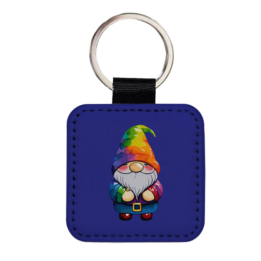 Gnome Standing Rainbow Square Faux Leather Keychain