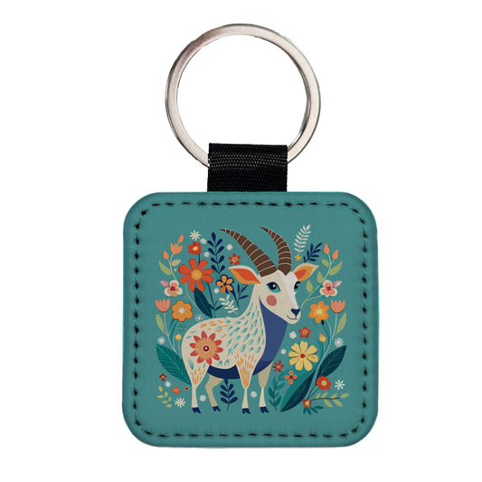 Goat Floral Flowers Square Faux Leather Keychain