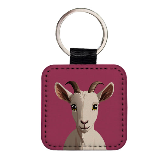 Goat Head Staring Cute Square Faux Leather Keychain